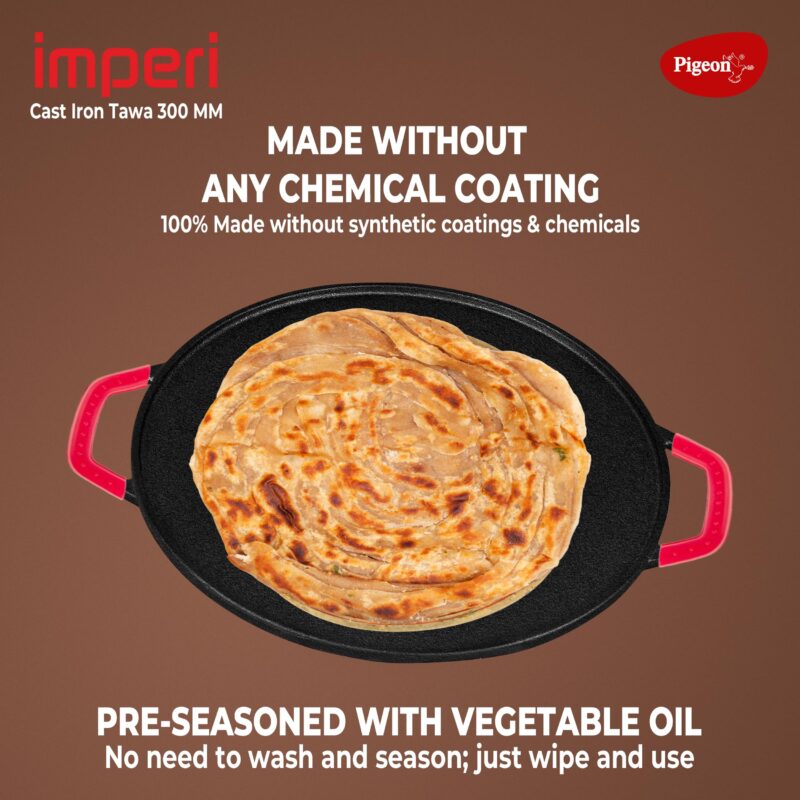 Pigeon by Stovekraft Pre-Seasoned Cast Iron Tawa 30 cm | Pre-Seasoned with 100% Vegetable Oil | Naturally Nonstick | High Pressure Casting | Toxin-Free |Nostalgic Taste | Double Side Handles - Image 4