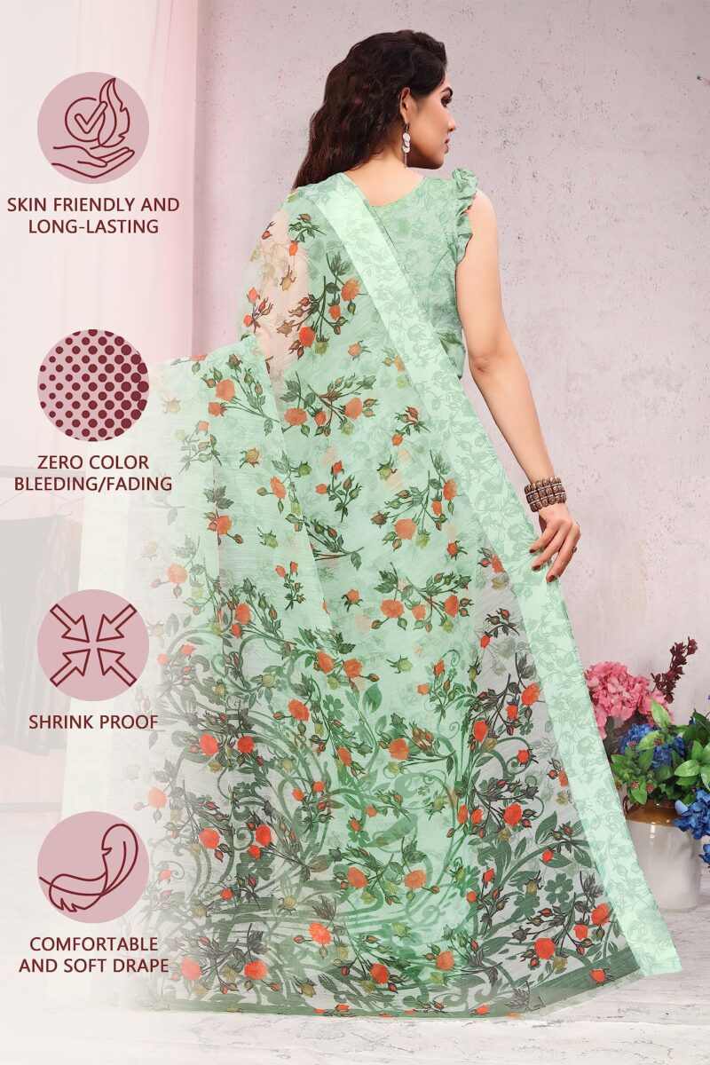 MIRCHI FASHION Sourbh Women's Fancy Cotton Blend Tropical Floral Printed Saree with Blouse Piece (20462-Seafom Green) - Image 7