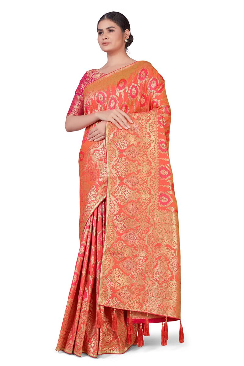 Monjolika Fashion Women's Banarasi Silk Peach Color Zari Woven Saree With Separate Embellished And Unsttiched Blouse Piece (Peach) - Image 7