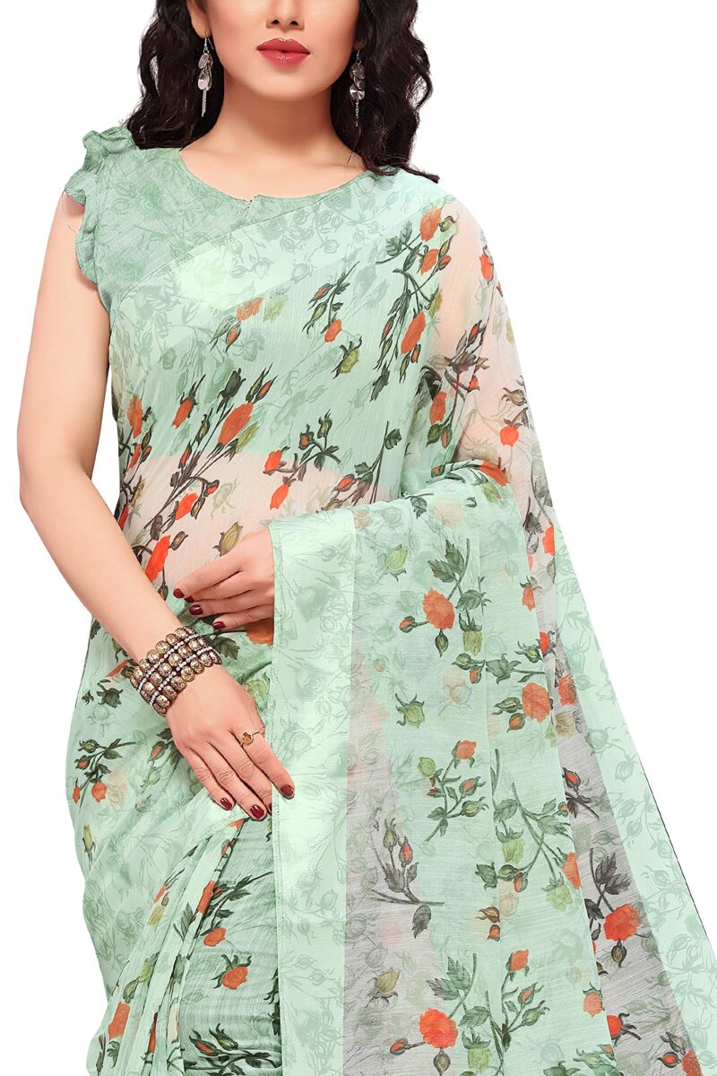 MIRCHI FASHION Sourbh Women's Fancy Cotton Blend Tropical Floral Printed Saree with Blouse Piece (20462-Seafom Green) - Image 4
