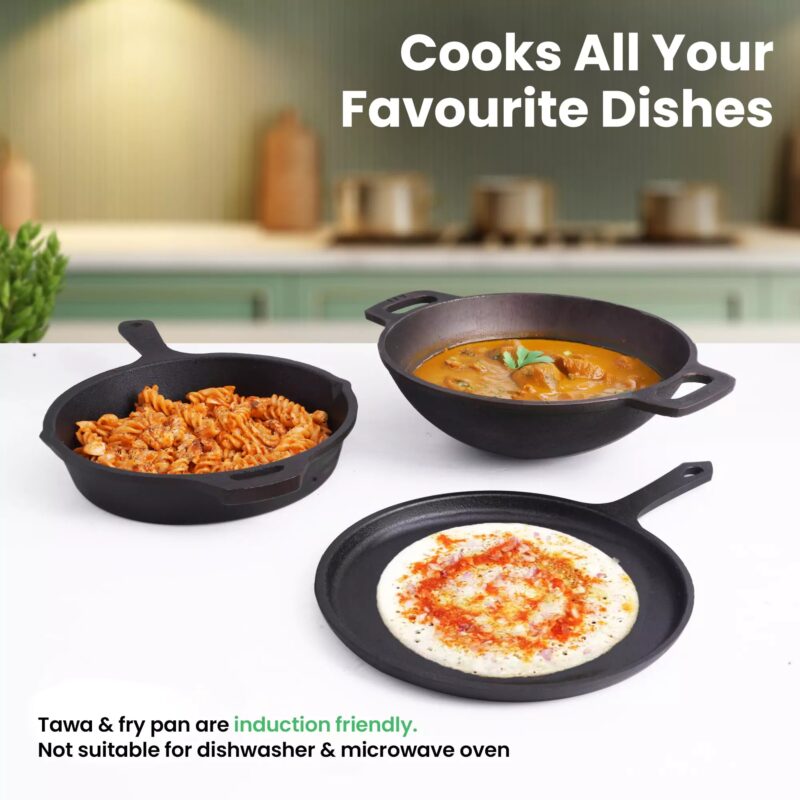 CASTrong Cast Iron Cookware Set: Free ₹400 Tadka Pan + Cast Iron Tawa With Handle (Pre Seasoned) + Cast Iron Kadai Wok Model + Cast Iron Fry Pan, Kitchen set for Home, 100% Pure, Toxin-free - Image 8