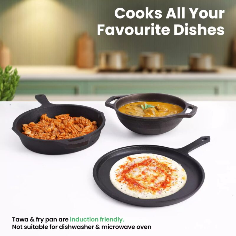 CASTrong Cast Iron Cookware Set: Tawa + Fry Pan + Wok Kadai, Kitchen set for Home, Pre-seasoned,100% Pure Cast Iron Cookware,Toxin-free Pots and Pans, Free Tadka Pan - Image 8