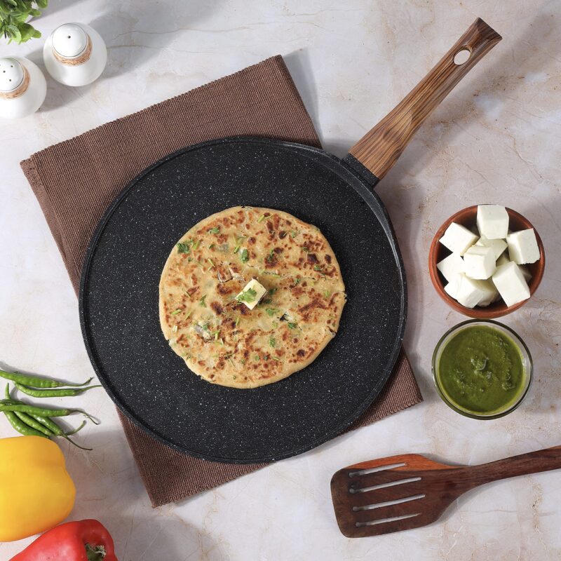 Vinod Zest Plus Die Cast Aluminium Non Stick Tawa - 28 cm | Roti / Paratha / Dosa Tawa with Wooden Handle | 5mm Thick | Induction and Gas Base | 2 Year Warranty - Image 5