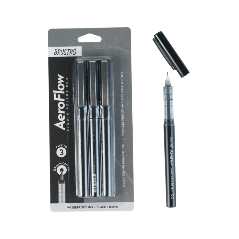 BRUSTRO AeroFlow Liquid Ink Rollerball Pens | Black | 0.5mm, Micro Tip | Pack of 3 | Ideal for Students, Professionals, Office, Exam use, Accurate Smooth Writing, Waterproof, Fade Resistant - Image 3