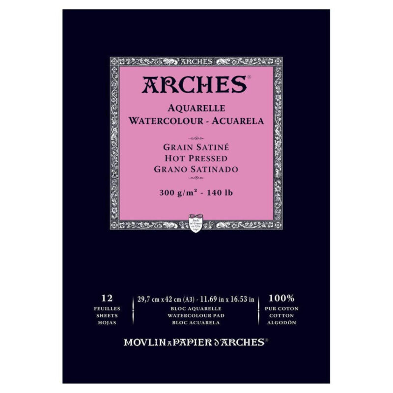 Arches Watercolour- Aquarelle - A3 (29.7 Cm X 42 Cm) Natural White Satin Grain/Hot Press 300 Gsm Paper- Short Side Glued Pad Of 12 Sheets
