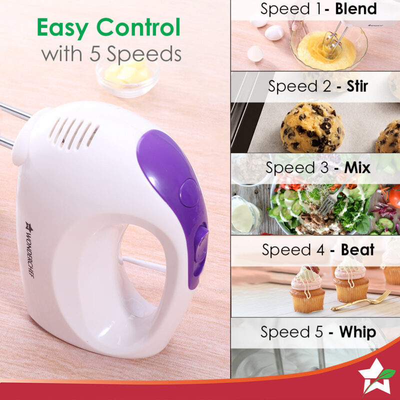 Acura Plus 200 W Electric Hand Mixer I 5 Speed Option I Compact I Light Weight I Hand Blender I Cake Maker I Egg Beater I Dough Maker I Stainless Steel Beater Whisk and Dough Kneading Hooks I 2 Years Warranty I Bakeware I White - Image 4