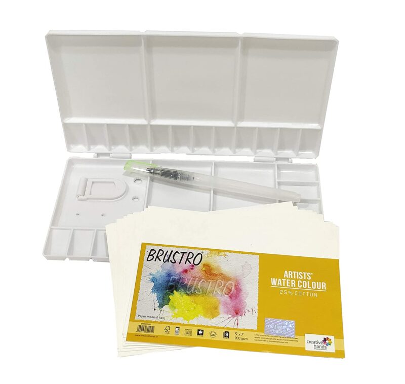 Brustro Folding Box 33 Well Plastic Palette 26x13 cm with Brustro Aqua Squeeze Brush Small and Brustro Watercolour Paper 200 GSM, 5" X 7" - Image 4