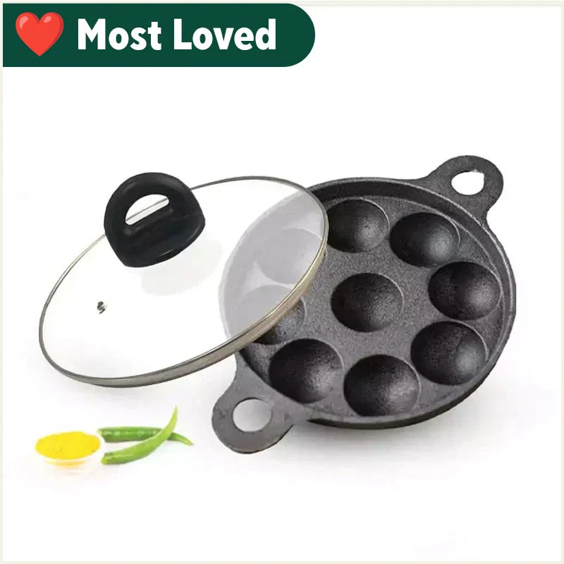 9 Pit/Cup CASTrong Cast Iron Paniyaram/Appe Pan+ Glass Lid, Pre-seasoned, Natural Nonstick, 100% Pure, Toxin-free, 21 cm, 2.7 kg - Image 14