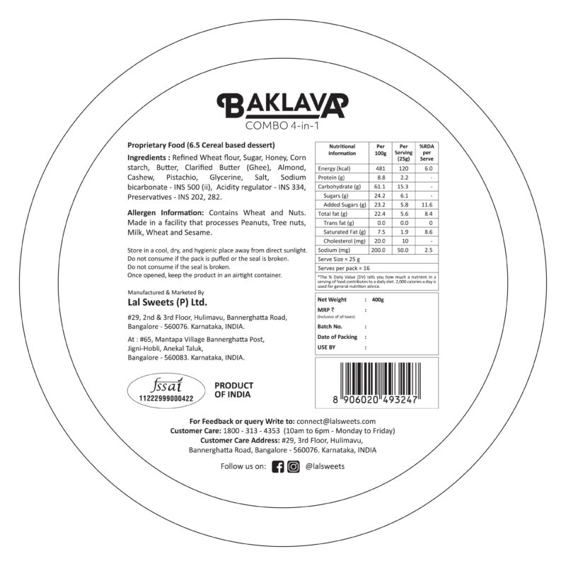 Lal Sweets Baklava Tin 400g - Image 2