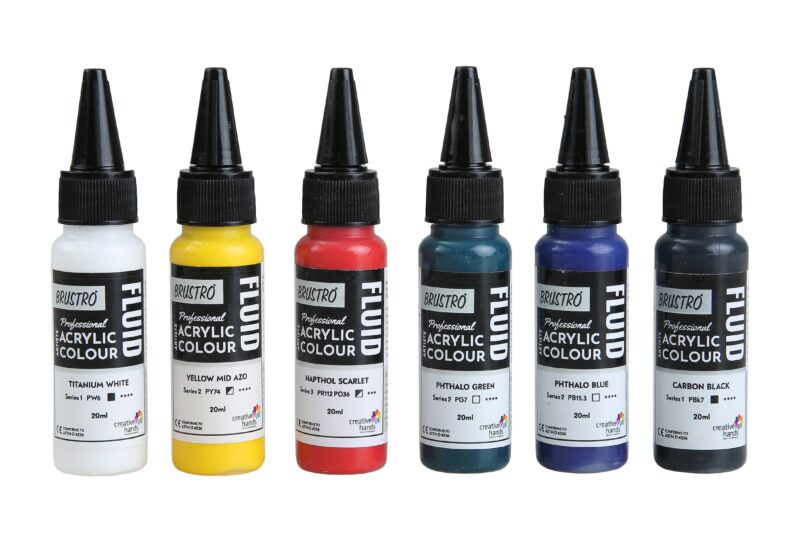 Brustro Professional Artists Fluid Acrylic 20 ml Primary Colours Pack of 5 + 1 Free (Titanium White, Yellow Mid AZO, Napthol Scarlet, Phthalo Blue, Phthalo Green and Carbon Black) - Image 2