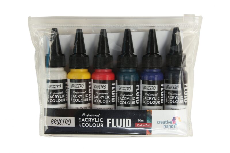 Brustro Professional Artists ’ Fluid Acrylic 20 ml Pack of 5 + 1 Free (Titanium White, Yellow Mid AZO, Napthol Scarlet, Phthalo Blue, Phthalo Green and Carbon Black) with Pouring Medium 200 ml - Image 3