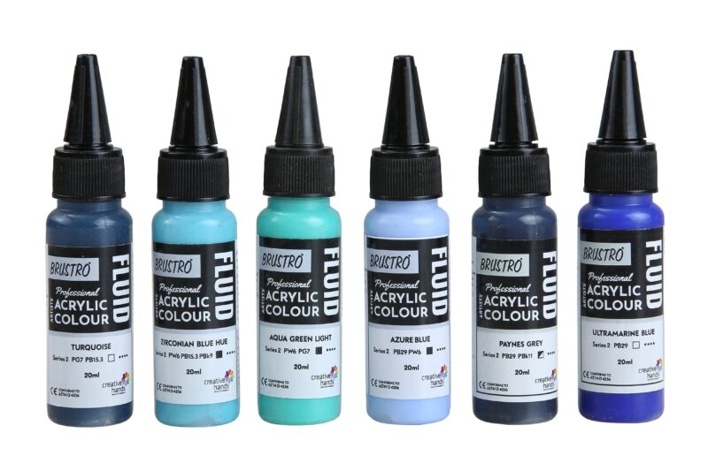Brustro Professional Artists’ Fluid Acrylic 20 ml Beyond The Blues (Pack of 6) (Turquoise, Ultramarine Blue, Zirconian Blue Hue, Paynes Grey, Aqua Green Light, Azure Blue) - Image 2