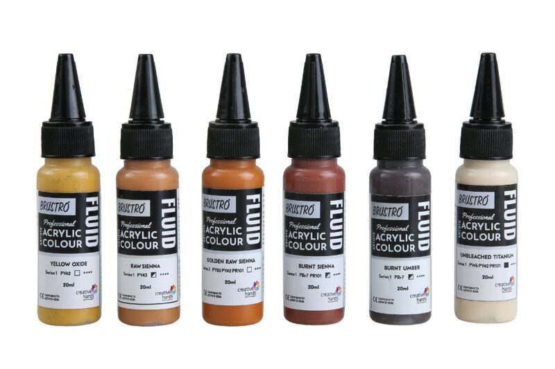 Brustro Professional Artists’ Fluid Acrylic 20 ml Down to Earth Pack of 6 (Burnt Sienna, Burnt Umber, Yellow Oxide, Raw Sienna, Unbleached Titanium, Golden Raw Sienna) - Image 3