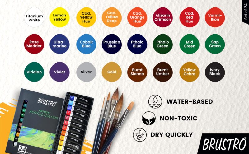 BRUSTRO Acrylic Paint Set of 24, Multicolour 12ml Tubes with Acrylic Papers 400 GSM A5, (Contains 18 + 6 Free Sheets) and VelveTouch Artist Brushes set of 6 - Image 2