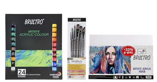 BRUSTRO Acrylic Paint Set of 24, Multicolour 12ml Tubes with Acrylic Papers 400 GSM A5, (Contains 18 + 6 Free Sheets) and VelveTouch Artist Brushes set of 6 - Image 6