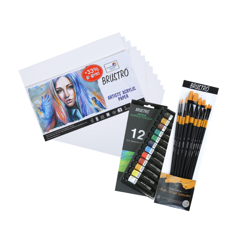 BRUSTRO Artists ’ Acrylic Colour Set of 12 Colours X 12ML Tubes with Gold Taklon Brush Set of 10 and Acrylic Paper 400 GSM A4-12 Sheets. - Image 8
