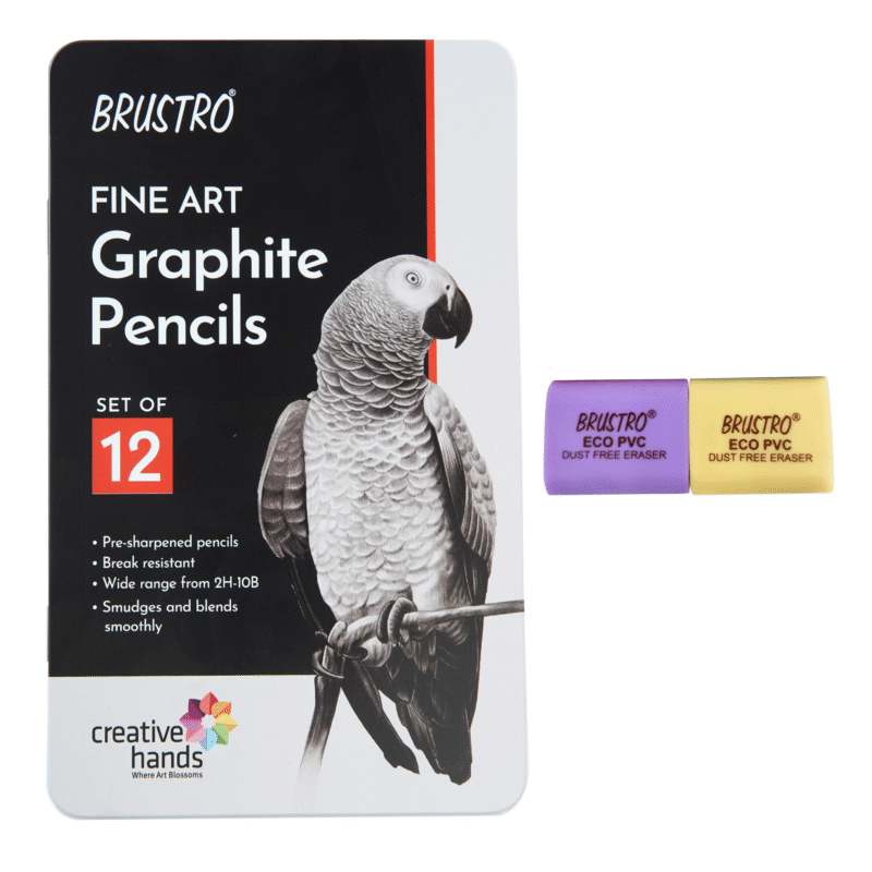 BRUSTRO Artists Fineart Graphite Pencil Set of 12 (10B-2H) ECO PVC dust Free Eraser (Pack of 2) - Image 4