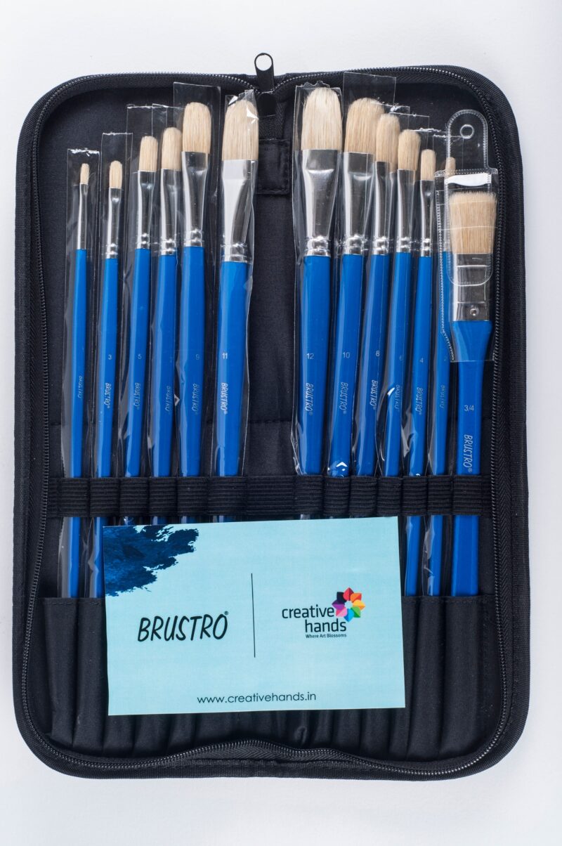 Brustro Artists White Bristle Hair Brushes for Oil and Acrylic Paint with an Elegant Zippered Brush Wallet (Pack of 13) - Image 4