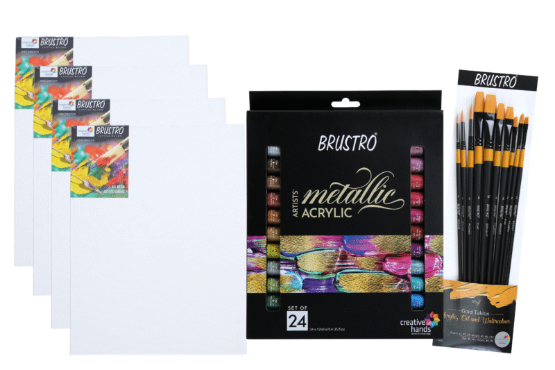 Brustro Artists’ Metallic Acrylic Set of 24 and Taklon Brush Set of 10 with 4 Canvas Boards - Image 5