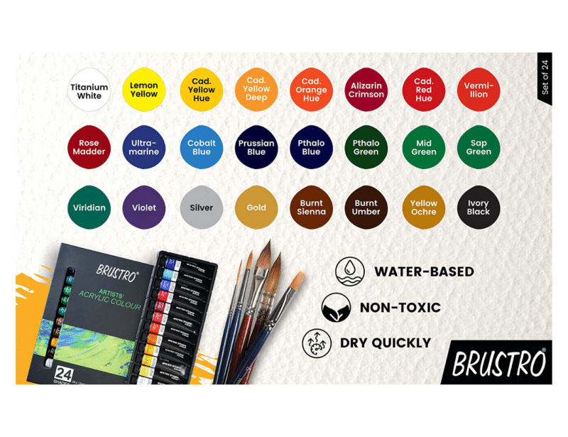 BRUSTRO Artists ’ Acrylic Colour Set of 24 with Gold Taklon Brush Set of 10 and 5 Canvas Boards (4x6, 6x8, 8x10, 10x12, 10x14)