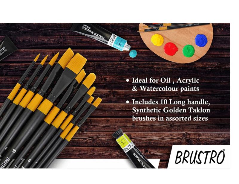 BRUSTRO Artists ’ Acrylic Colour Set of 12 Colours X 12ML Tubes with Gold Taklon Brush Set of 10 and Acrylic Paper 400 GSM A4-12 Sheets. - Image 5