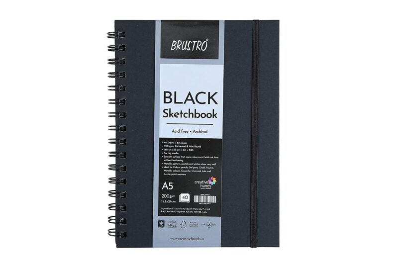 BRUSTRO Black Sketchbook | A5, 200GSM | 40 Sheets/80 Pages | Wiro Bound, Spiral, Premium, Acid-free Paper, Professional-Grade, Ideal for Dry media, Mandala art, Graphite, Charcoal, School, Office use - Image 7