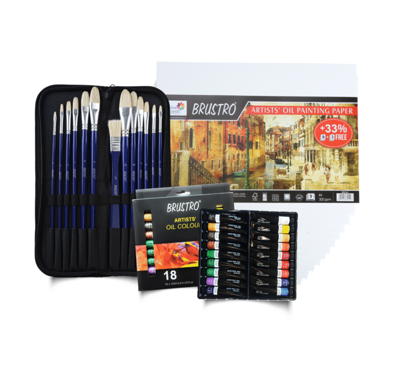 Brustro White Bristle Hair Brushes (Pack of 13) with Artists Oil Colour Set of 18 Colours X 12ML Tubes and Oil Painting Paper 300 GSM A4 (Pack of 9 + 3 Free Sheets) - Image 8