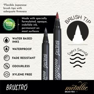 BRUSTRO Metallic Brush Pens - Soft Brush Tip Set of 10 Colors. with Colour Brush Pens Set of 12 (Pigment Based, Hard tip Brush Pen) Flexible tip for Calligraphy, Lettering and Drawing Techniques. - Image 2