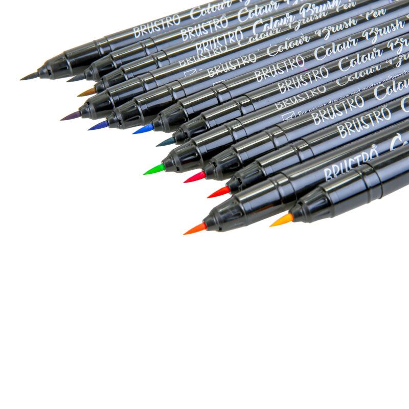 BRUSTRO Colour Brush Pens Set of 12 ( Pigment based , Hard tip brush pen ) Flexible tip for lettering and drawing techniques. - Image 4