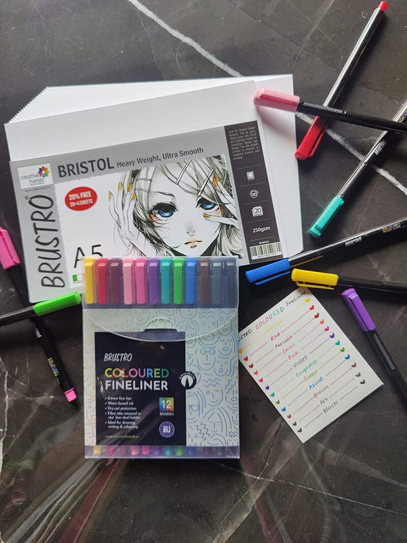 BRUSTRO Coloured Fineliner Set of 12 | Assorted Colours | 0.4mm | Ideal for Writing, Drawing, Coloring, Sketching, Doodles, Mandala Art & BRISTOL Ultra-Smooth Paper | A5, 250 gsm, 20+4 sheets/48 pages - Image 7