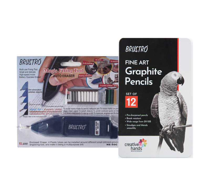 BRUSTRO Battery Operated Automatic Eraser with Artists FINEART Graphite Pencil Set of 12 (10B-2H) - Image 4