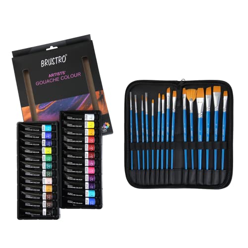 Brustro Artists Gouache Colour Set of 24 (12ML Tubes Each) + Synthetic Brush Set of 15 - Image 9