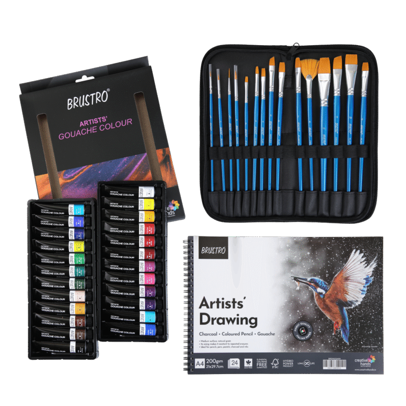 Brustro Artists Gouache Colour Set of 24 (12ML Tubes Each) + Synthetic Brush Set of 15 + Drawing Pad 200 GSM Wiro Bound. - Image 6