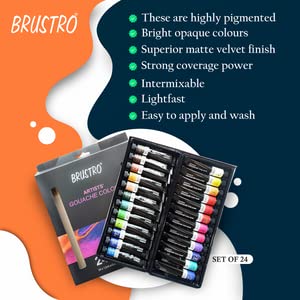 Brustro Artists Gouache Colour Set of 24 (12ML Tubes Each) + Synthetic Brush Set of 15 + Drawing Pad 200 GSM Wiro Bound. - Image 2