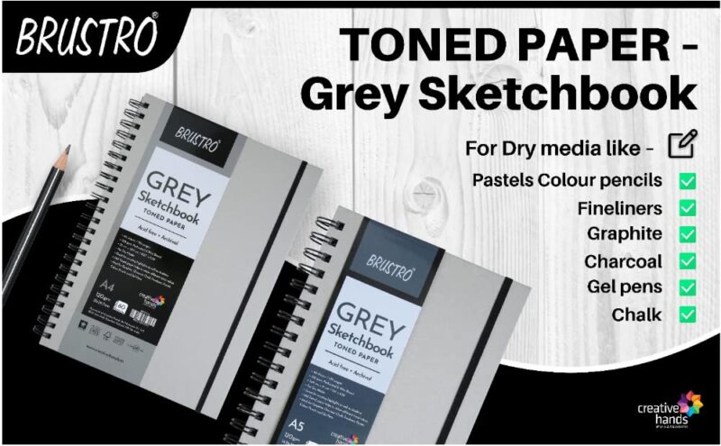 BRUSTRO Toned Paper - Grey Sketchbook | A5, 120 GSM | 60 Sheets/120 Pages |Wiro Bound, Spiral, Drawing, Sketching, Acid-free Paper, Dry media, Mandala Art, Graphite, Charcoal, Colour pencils, Gel pens - Image 2