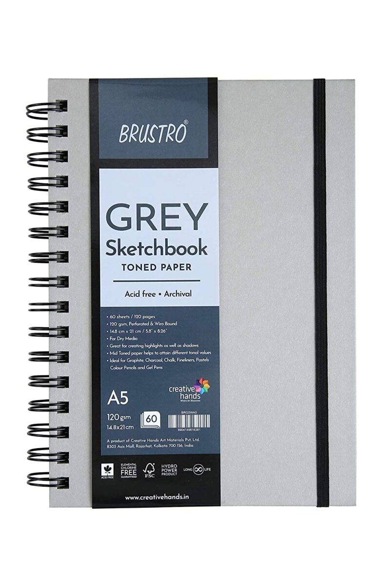 BRUSTRO Toned Paper - Grey Sketchbook | A5, 120 GSM | 60 Sheets/120 Pages |Wiro Bound, Spiral, Drawing, Sketching, Acid-free Paper, Dry media, Mandala Art, Graphite, Charcoal, Colour pencils, Gel pens - Image 6