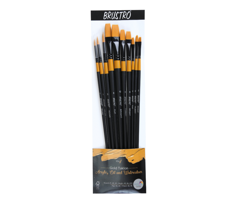 BRUSTRO Artists Gold Taklon Brushes Set of 10| Ideal for Acrylics, Oil paintings, Watercolour | long handle, Bright, Filbert, Flat, Round, Professional Art, School, Office Use. - Image 6