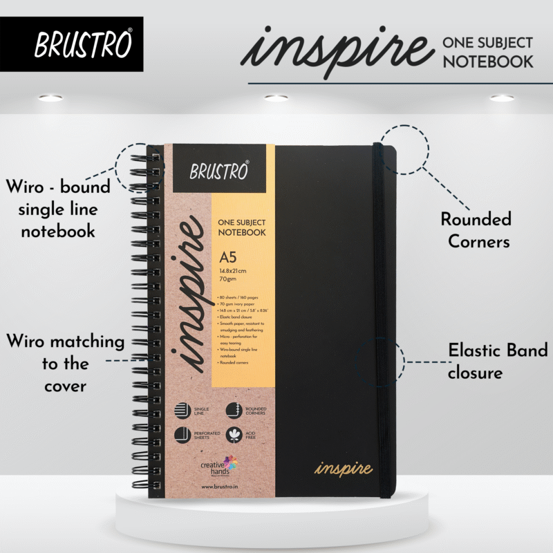 BRUSTRO Inspire A5 Size, 1 Subject Ruled Notebook, 80 sheets / 160 pages, 70 gsm ivory paper, Black cover - Image 2