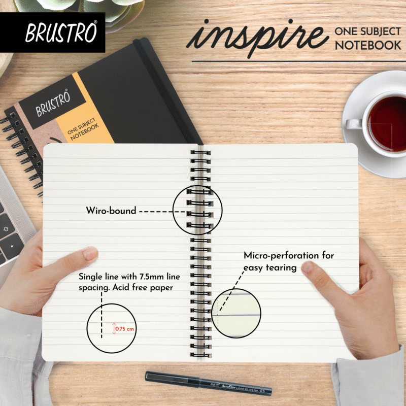 BRUSTRO Inspire A5 Size, 1 Subject Ruled Notebook, 80 sheets / 160 pages, 70 gsm ivory paper, Black cover - Image 4