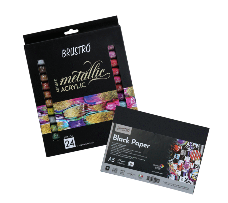 Brustro Artists Metallic Acrylic Set of 24x12ml with Black Paper A5 (40 Sheets) - Image 8