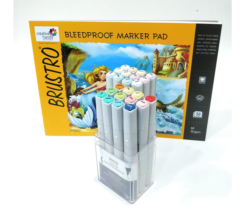 Brustro Twin Tip Alcohol Based Marker Set of 12 Basic C & Set of 12 Pastel Tones with Brustro Bleedproof Marker Pad 70 GSM A4 (Contains 50 Sheets) - Image 2