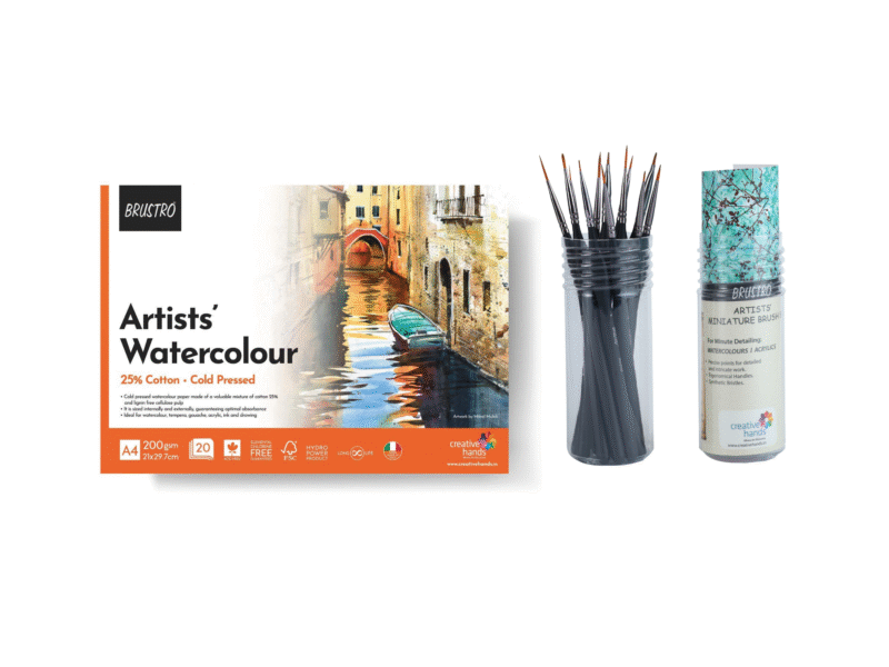 BRUSTRO Artists Watercolours & Acrylics Miniature Brush Set of 12 with Free Brush Holder and BRUSTRO Artist 25% Cotton Watercolour Pad Cold Pressed 200 GSM A4 Pad 20 Sheets - Image 3