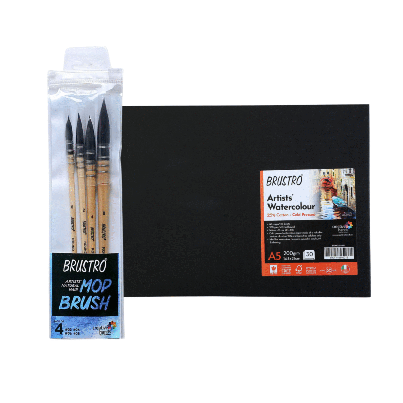 BRUSTRO Artists Natural Hair MOP Brush Set of 4 (0, 2, 4, 8) with A5 Stitched Bound 200GSM Watercolour Journal - Image 8