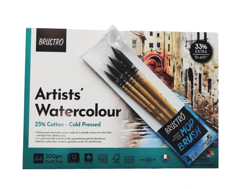 BRUSTRO Artists Natural Hair MOP Brush Set of 4 (0, 2, 4, 8) with Artist Watercolour Pad Cold Pressed 300 GSM 25% Cotton A4 - (12 + 4 Free Sheets) - Image 3