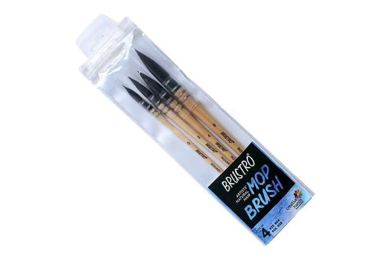 BRUSTRO Artists Natural Hair MOP Brush Set of 4 (0, 2, 4, 8) with Artist Watercolour Pad Cold Pressed 300 GSM 25% Cotton A4 - (12 + 4 Free Sheets) - Image 2