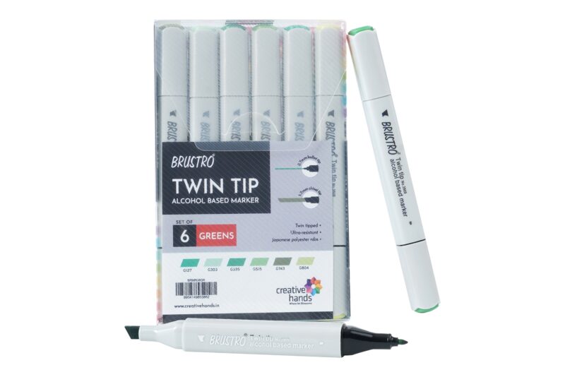 BRUSTRO Twin Tip Alcohol Based Marker Set of 6 (Greens) in Crossline PP See Through Box