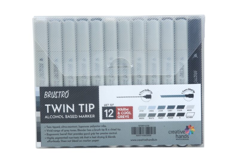 BRUSTRO Twin Tip Alcohol Based Marker Set of 12 Cool & Warm Grey Shades in Crossline PP See Through Box - Image 6