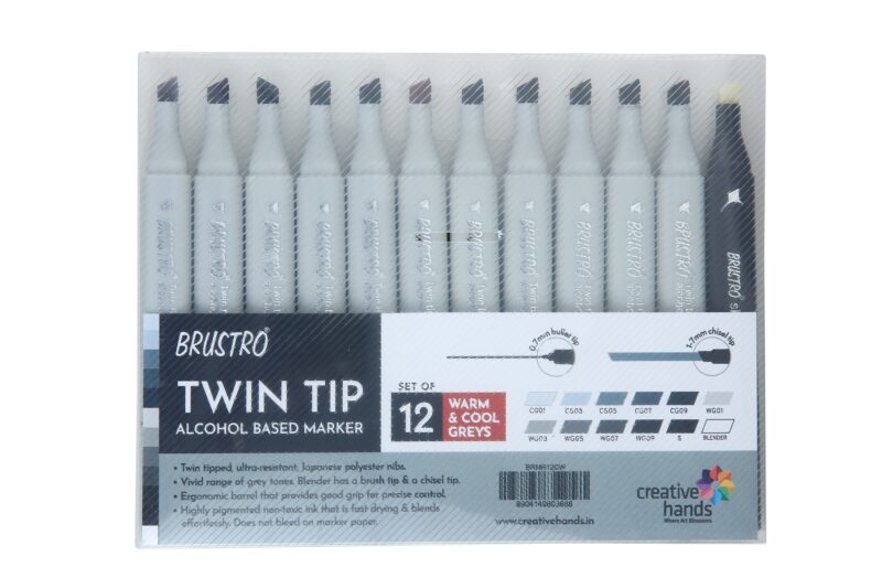 BRUSTRO Twin Tip Alcohol Based Marker Set of 12 Cool & Warm Grey Shades in Crossline PP See Through Box - Image 7