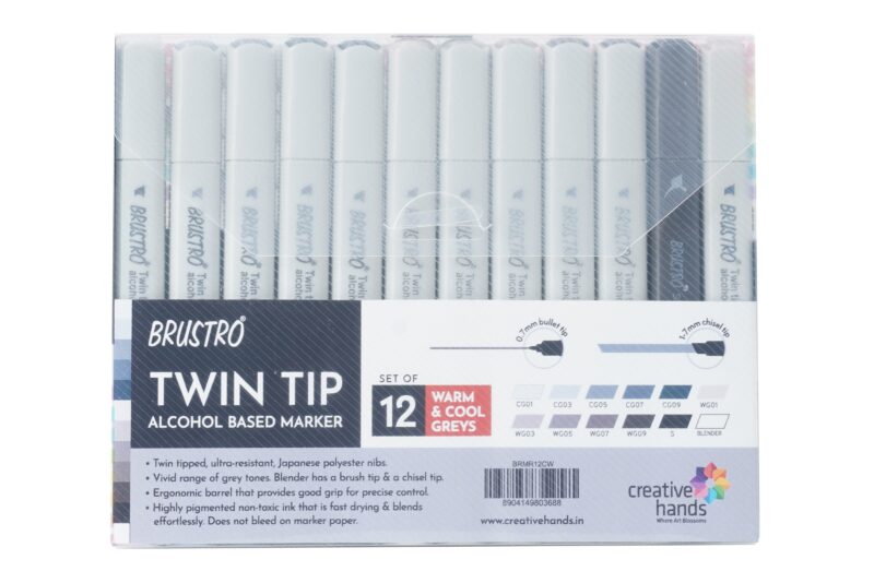 BRUSTRO Twin Tip Alcohol Based Marker Set of 12 Cool & Warm Grey Shades in Crossline PP See Through Box - Image 10