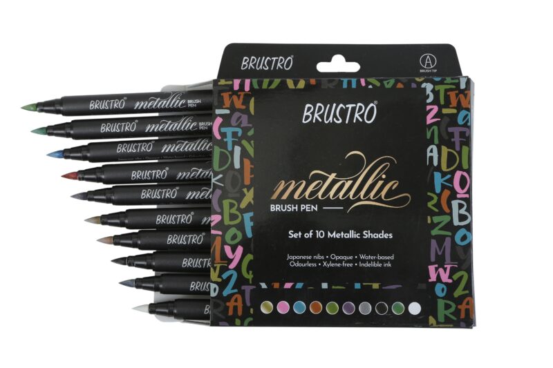 BRUSTRO Metallic Brush Pens - Soft Brush Tip for Calligraphy, Hand Lettering, Colouring, Scrapbooking, Card Making - Set of 10 Colors. - Image 9